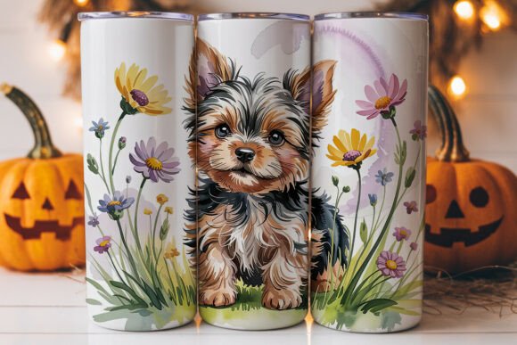Yorkie in Wildflowers Tumbler Wrap Graphics
